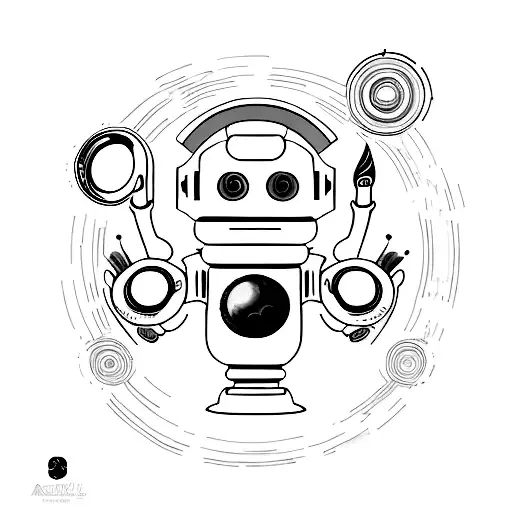 A robotic arm holding a paintbrush, creating a cosmic masterpiece tattoo design idea