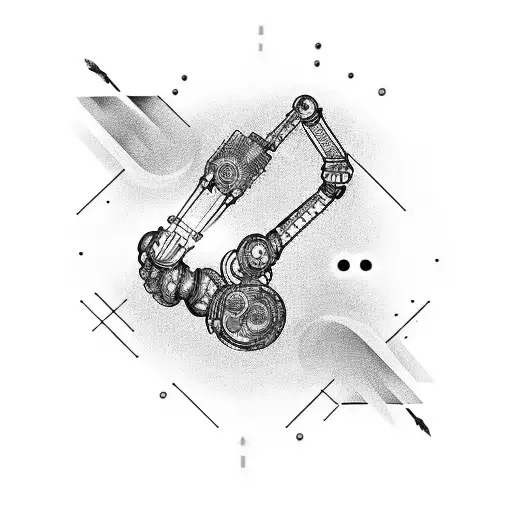 A robotic arm holding a paintbrush, creating a cosmic masterpiece tattoo design idea