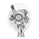 A robotic arm holding a paintbrush, creating a cosmic masterpiece tattoo design idea