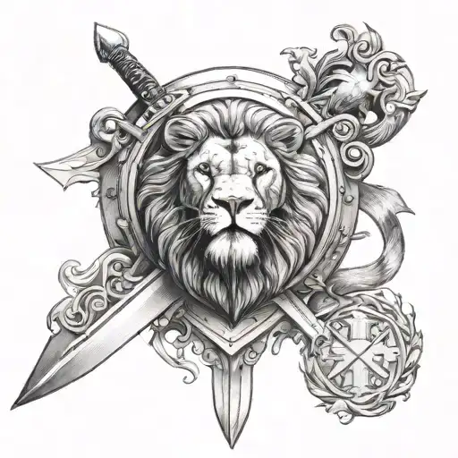 sword, shield, cross, lion head tattoo design idea