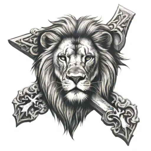 lion head and Christian cross tattoo design idea