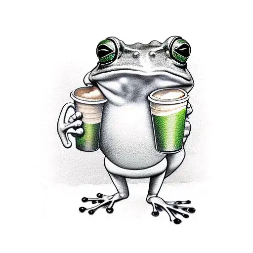 frog standing holding a mug of coffee tattoo design idea