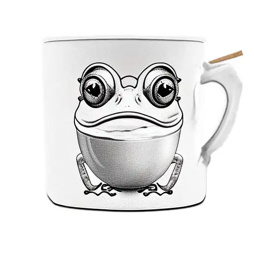 A new-school style coffee cup with a frog popping out of it tattoo design idea