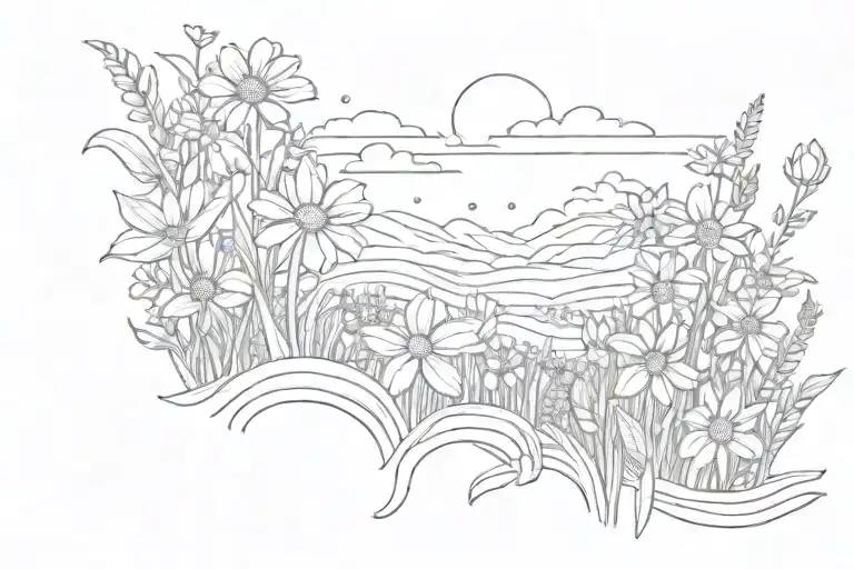 A colorful tattoo of a field of flowers at sunrise, symbolizing new beginnings and positivity tattoo design idea