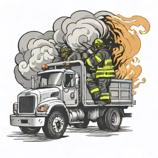 Illustrate a firefighter and a dump truck working together to put out a fire in a black-grey design tattoo design idea