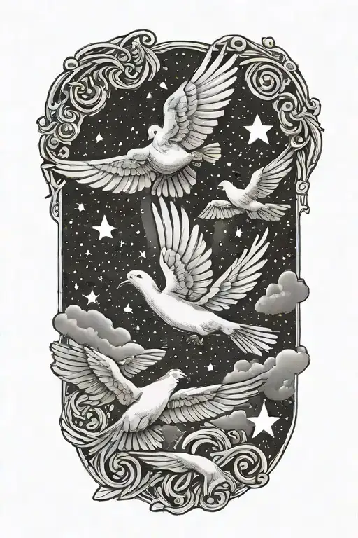 Doves and Clouds with white stars and I can do all things through Christ who strengthens me writing going downwards  tattoo design idea
