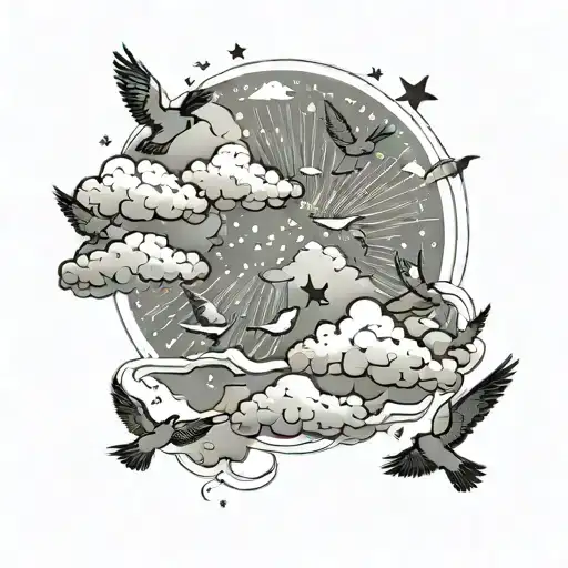Clouds and birds and blank stars forming tattoo design idea