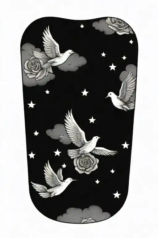 Clouds and White stars and doves and a few roses tattoo design idea