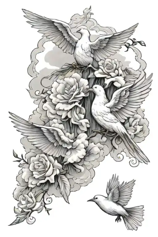 Clouds and Doves going down the arm I can do all things who strengthens me writing downwards  tattoo design idea