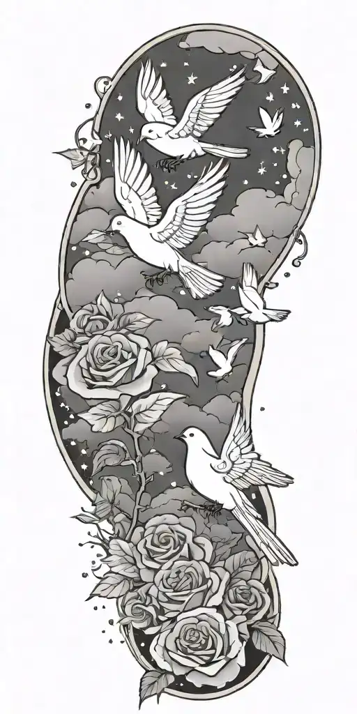 clouds and white stars shining with a. few doves with a few roses tattoo design idea