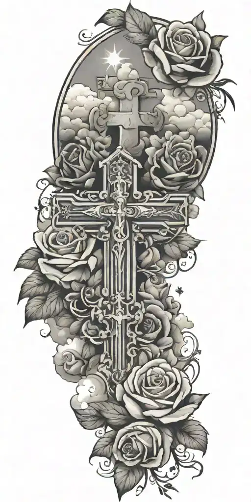 Clouds and White stars and doves and  a rose and a Catholic Cross tattoo design idea