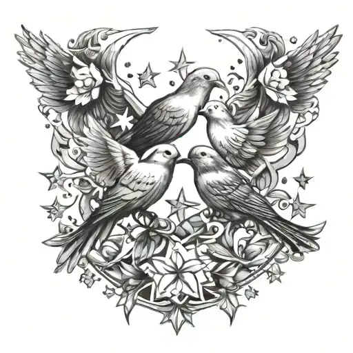 Doves and Birds and White Stars all aligned tattoo design idea