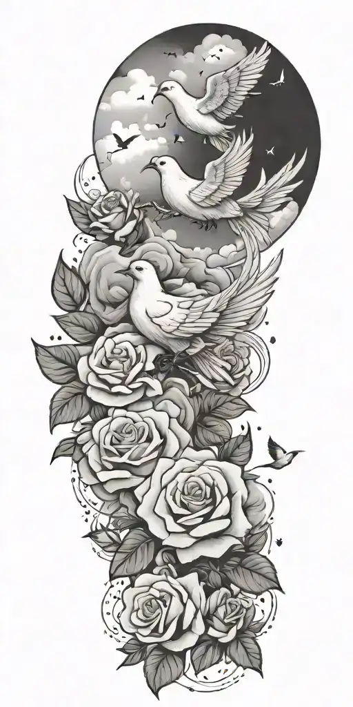 Clouds and White stars and doves and roses tattoo design idea