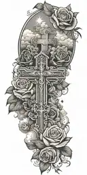 Clouds and White stars and doves and  a rose and a Catholic Cross tattoo design idea