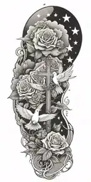 Clouds and White stars and doves and  a rose and a Catholic Cross tattoo design idea