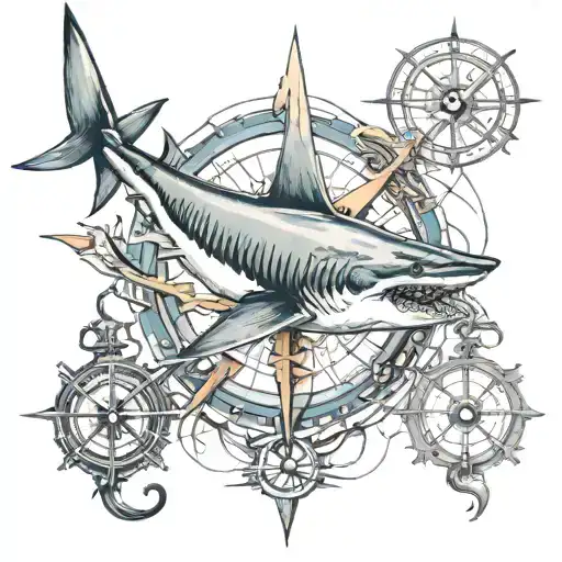 shark, marlin, compass, anchor intertwined tattoo design idea