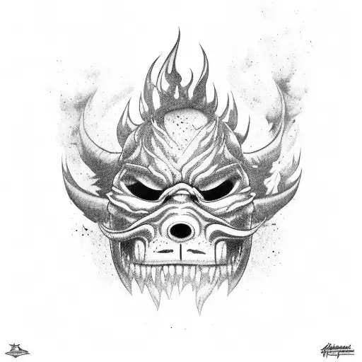 An oni mask engulfed in flames with snowboard tracks in the background tattoo design idea