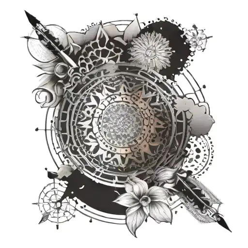 An intricate mandala design incorporating elements of the beach and engineering tools, representing balance and harmony tattoo design idea