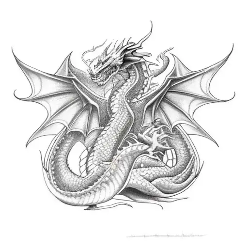 firebreathing dragon with wings looking angry at you tattoo design idea