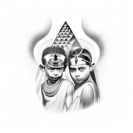 A portrait tattoo of the client's children with Egyptian god inspired elements, representing the client's role as a Papa and their love for their family and Dioses egipcios tattoo design idea