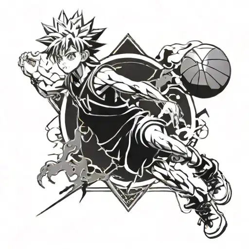 Combine elements of basketball and the anime 'Hunter x Hunter' to create a dynamic and powerful tattoo design tattoo design idea