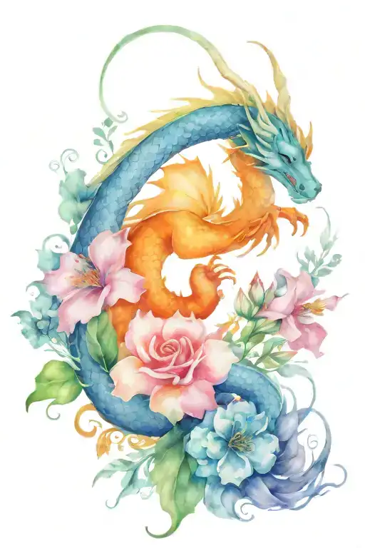 feminine dragon and flowers surrounding tattoo design idea