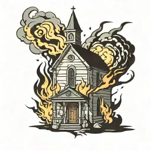 exploding burning church flames tattoo design idea