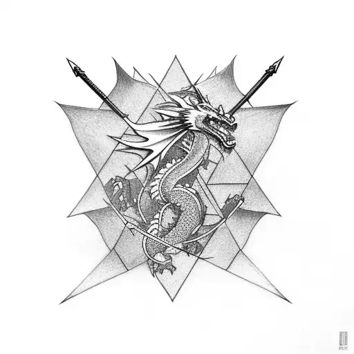 Dragon connected by 4 swords in each direction tattoo design idea