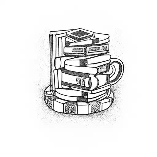A minimalist design of a coffee cup, a joystick, and a book stacked together, forming a unique symbol tattoo design idea