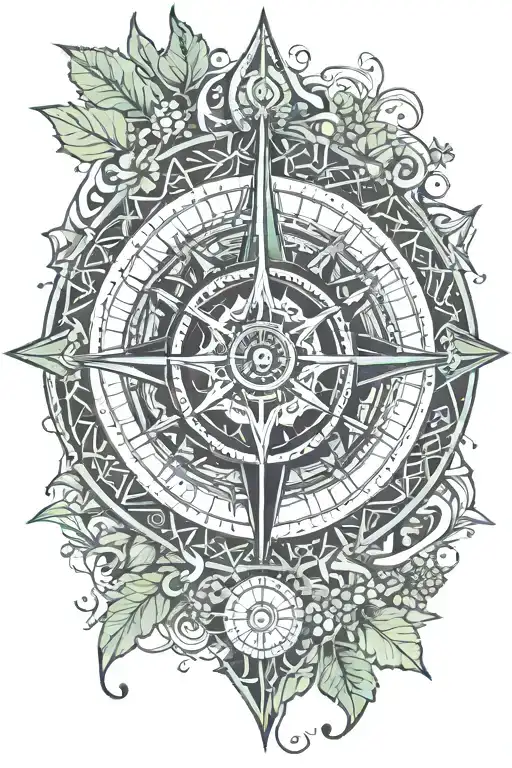Mandala evergreen with leaves as sea waves integrated with old compass, black pirate ship, and "Carpe Diem" caligraphy. tattoo design idea