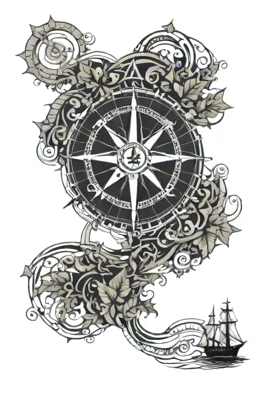 Mandala with leaves as sea waves  integrated with an old compass, a black pirate ship, and a "Carpe Diem" caligraphy. tattoo design idea
