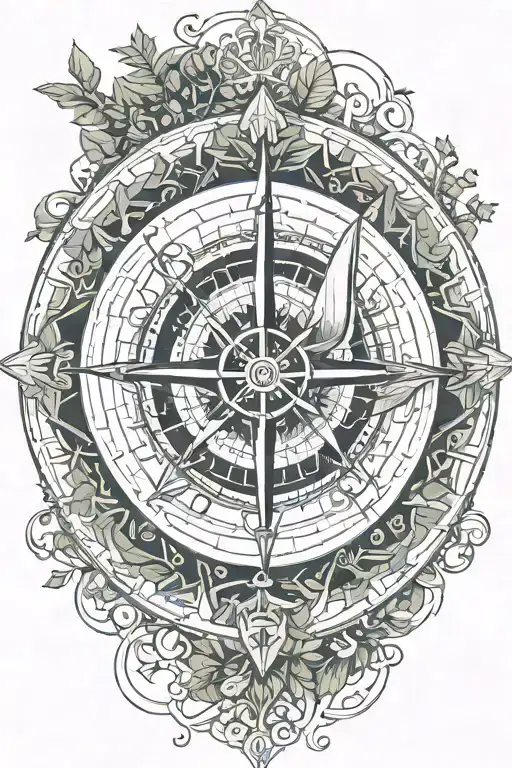 Mandala evergreen with leaves as sea waves integrated with old compass, black pirate ship, and "Carpe Diem" caligraphy. tattoo design idea