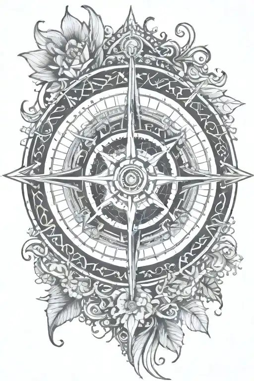 Mandala evergreen succulent integrated with sea waves, old compass, black pirate ship, and "Carpe Diem" phrase. tattoo design idea