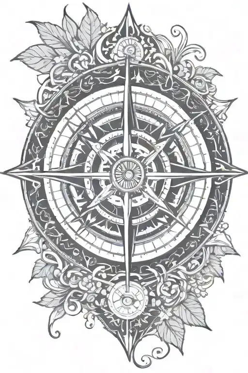 Mandala evergreen with leaves as sea waves integrated with old compass, black pirate ship, and "Carpe Diem" caligraphy. tattoo design idea