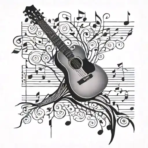 Tribal tree made of guitar strings, piano keys and musical notes tattoo design idea