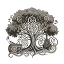 Tribal tree made of musical instruments and musical notes tattoo design idea