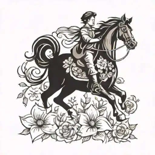 A whimsical scene of a student riding a magical horse through a field of blooming flowers, capturing the imagination and love for horses tattoo design idea