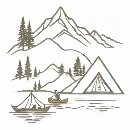 adventurer, endurance, mountain range, river, tent, kayak, camp fire tattoo design idea