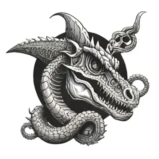 dinosaur with snake and skull tattoo design idea