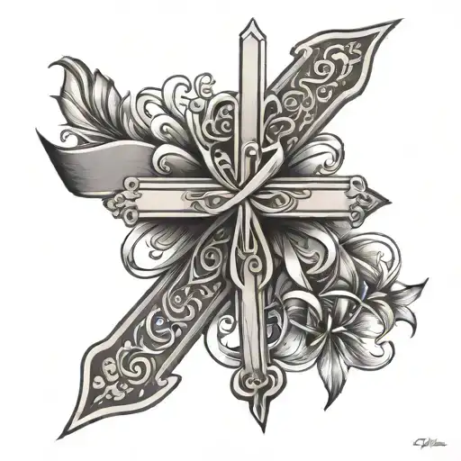 cross with name ribbons tattoo design idea