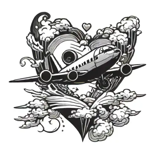 A silhouette of a plane flying over a heart, symbolizing love for flying and loved ones tattoo design idea