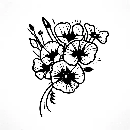 flower bouquet of sweet pea, daisy, poppy, gladiolus, marigoldand cosmos tattoo design idea