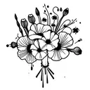 flower bouquet of sweet pea, daisy, poppy, gladiolus, marigoldand cosmos tattoo design idea