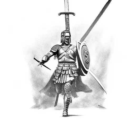 An ancient roman warrior with a sword on a battlefield tattoo design idea