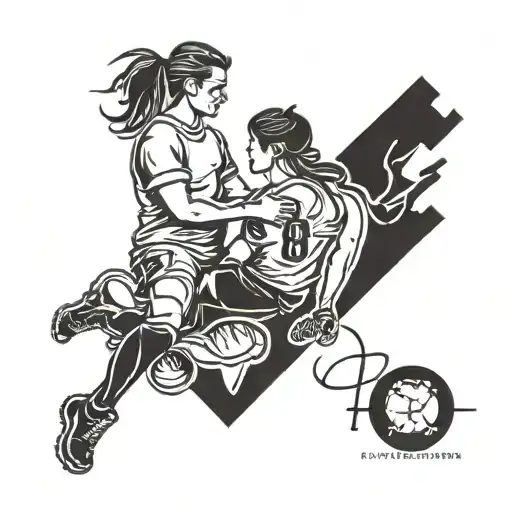 Father/daughter silhouette with heartbeat theme incorporating softball elements, with birthdate 9.29.2008, in blackwork style on back of calf tattoo design idea
