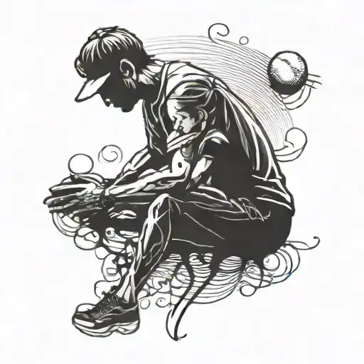 Father/daughter silhouette with heartbeat theme incorporating softball elements, with birthdate 7.3.2011, in black-grey style on back of calf tattoo design idea