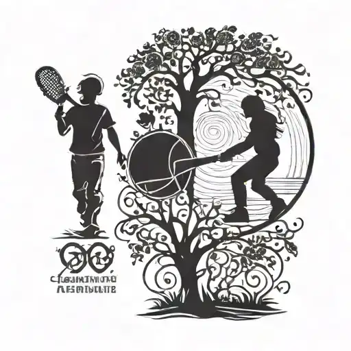 Father/daughter silhouette with heartbeat theme incorporating softball elements, with birthdate 9.29.2008, in blackwork style on back of calf tattoo design idea