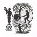Father/daughter silhouette with heartbeat theme incorporating softball elements, with birthdate 9.29.2008, in blackwork style on back of calf tattoo design idea