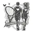 Father/daughter silhouette with heartbeat theme incorporating softball elements, with birthdate 9.29.2008, in blackwork style on back of calf tattoo design idea
