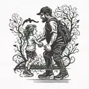 Father/daughter silhouette with heartbeat theme incorporating softball elements, with birthdate 9.29.2008, in blackwork style on back of calf tattoo design idea